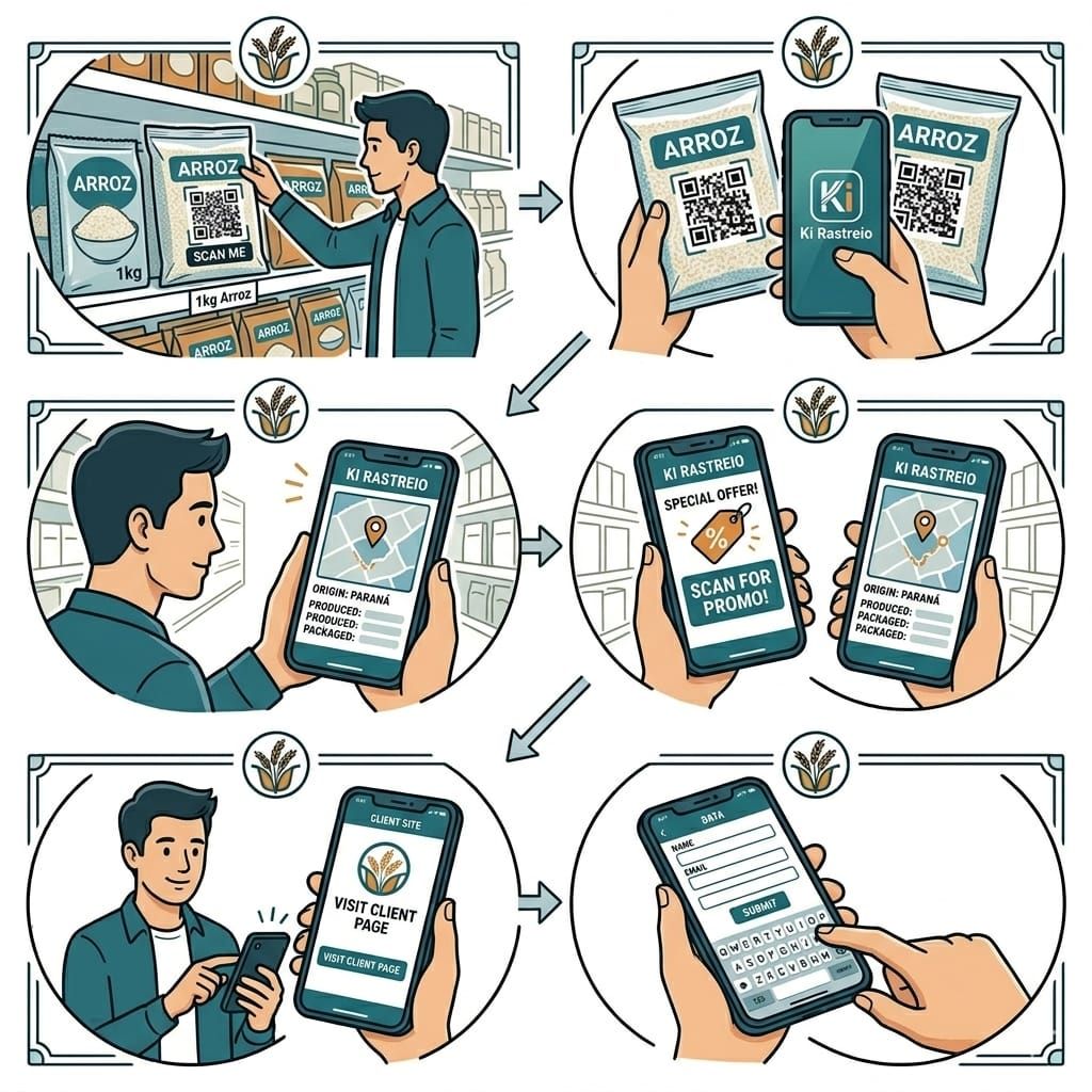 Storyboard: consumidor escaneia QR GS1 e vê origem e lote no celular